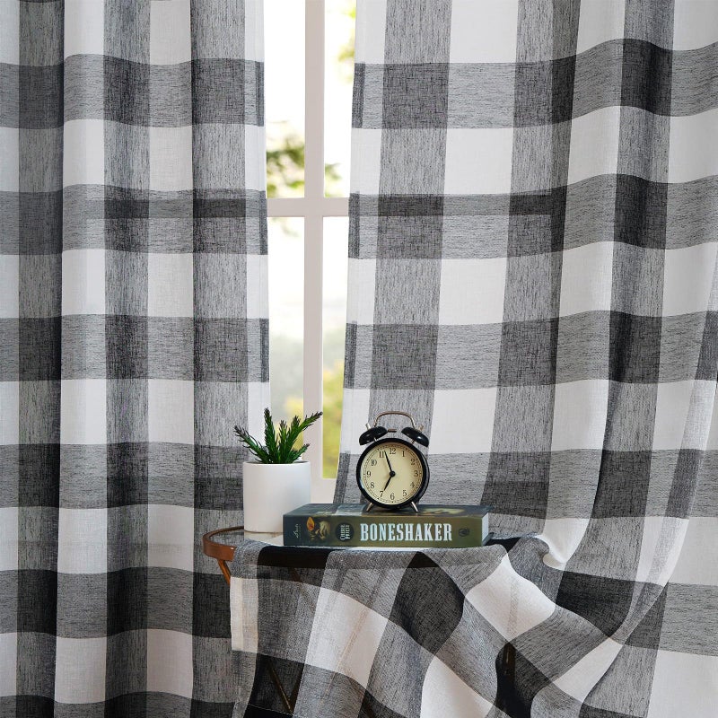 Amzdecor Black Buffalo Plaid Curtains 63 Inch Linen Textured Sheer Panels Buffalo Check Plaid Rod Pocket Rustic Window Treatment Sets for Living Room Bedroom Farmhouse,2 Panels,40'x63'',Black/White - Image 2